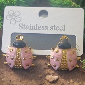 Stainless Steel Adorable Pink and Gold Ladybug Earrings
